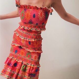 NWT FARM Rio Tiered Coral 100% Cotton Mini Dress XS $185 Beaded Tassels B Corp